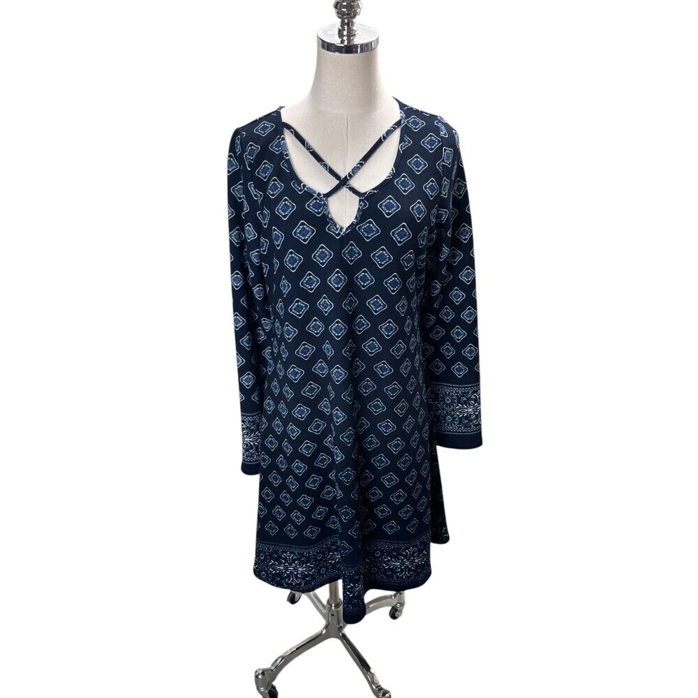 Gilli Dress Women's Size Large Navy Geometric Long Sleeve Mini